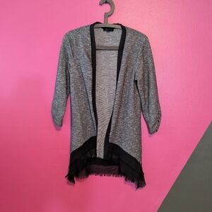 Gray Asymmetrical Open Front Cardigan with Black Trim Small